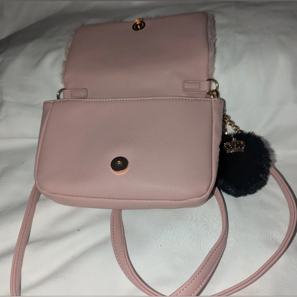 Juicy Couture Pink Faux Fur Crossbody Bag with Crown Emblem And Pom Pom Keychain